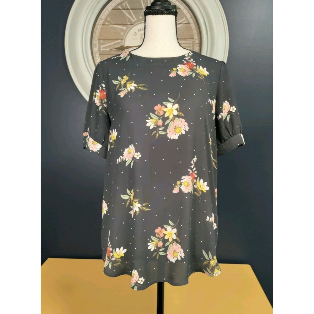 Loft Chiffon Blouse Women's Small Dark Gray Floral Pattern Short Sleeve Pullover